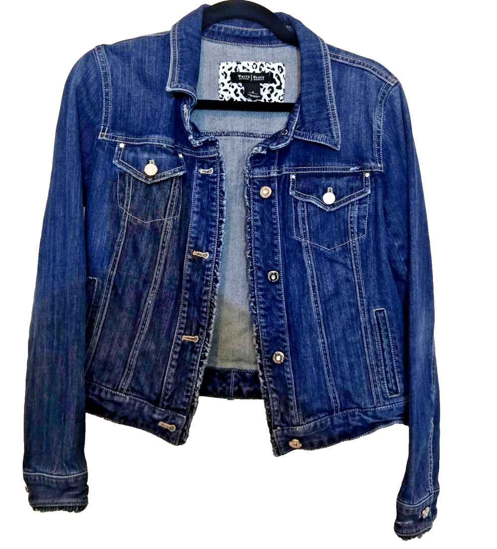 White House Black Market Denim Blue JeanJacket Women 8 with rhinestones